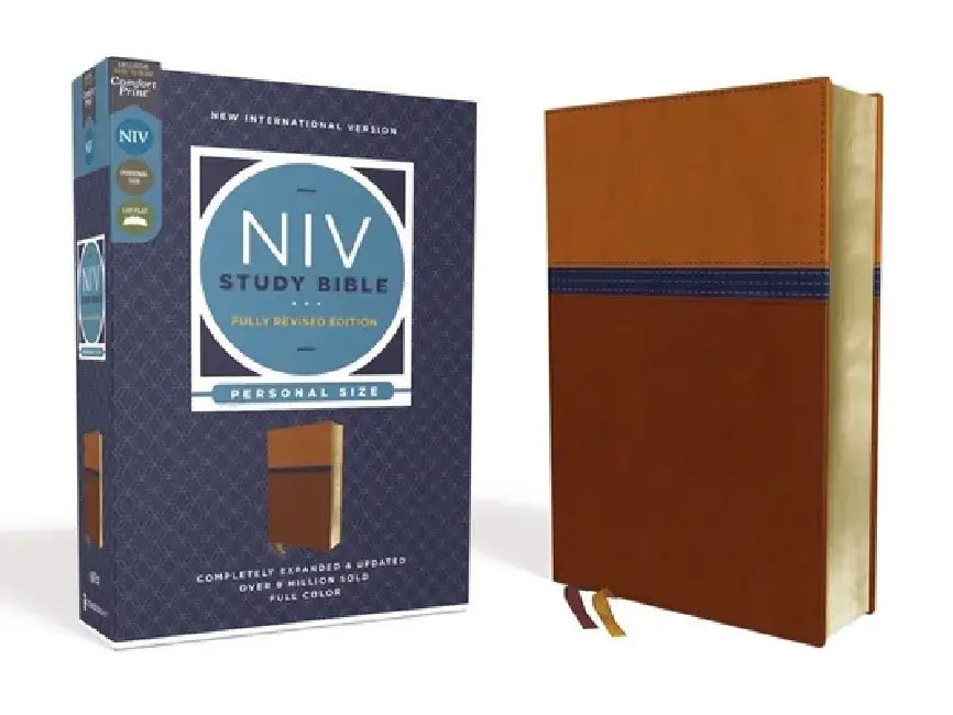 NIV Study Bible, Fully Revised Edition, Personal Size, Leathersoft, Brown/Blue, Red Letter, Comfort Print by Kenneth L. Barker