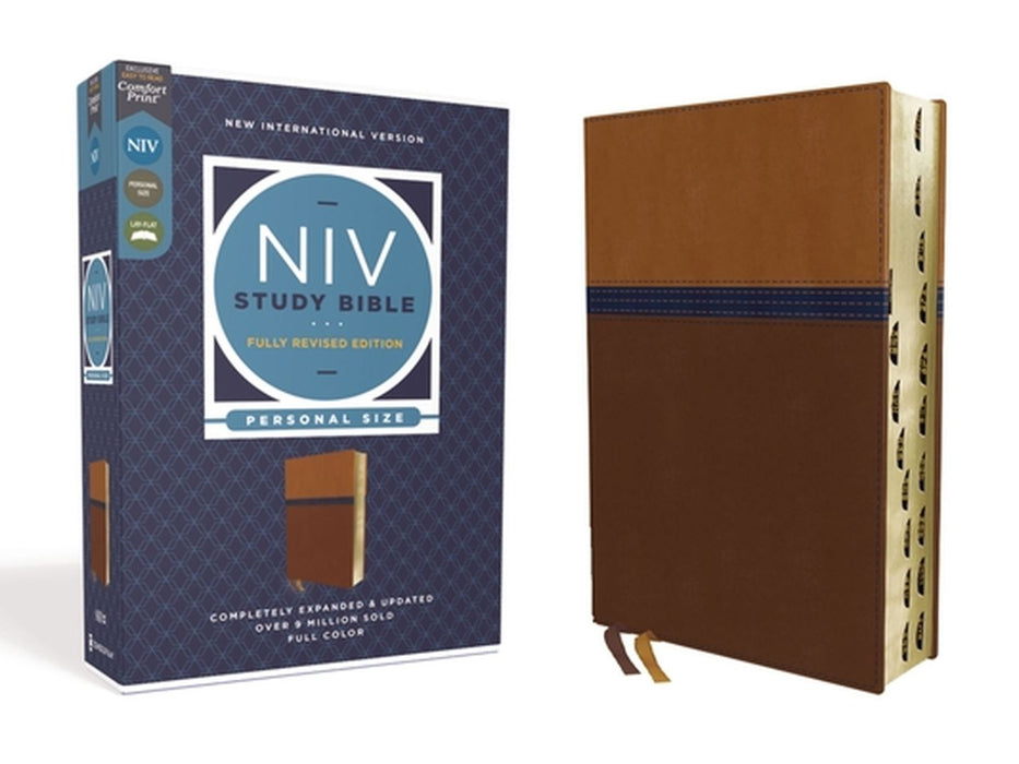 NIV Study Bible, Fully Revised Edition, Personal Size, Leathersoft, Brown/Blue, Red Letter, Thumb Indexed, Comfort Print by Kenneth L. Barker