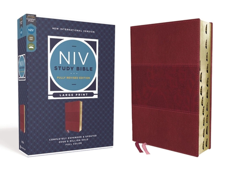 NIV Study Bible, Fully Revised Edition, Large Print, Leathersoft, Burgundy, Red Letter, Thumb Indexed, Comfort Print by Kenneth L. Barker
