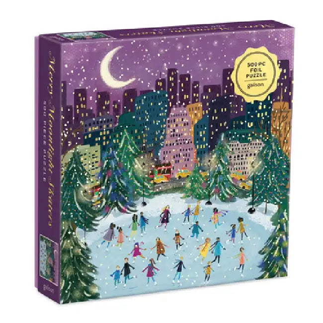 Merry Moonlight Skaters 500 Piece Foil Puzzle by Joy Laforme