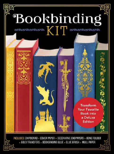 Bookbinding Kit: Transform Your Favorite Book into a Deluxe Edition - Includes: Chipboard, Cover Paper, Decorative Endpapers, Bone Folder, Gold Transfers, Bookbinding Glue, Foam Brush, Mull Cloth by Amanda Carestio