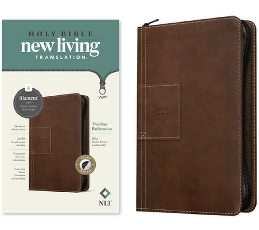 NLT Thinline Reference Zipper Bible, Filament Enabled (Leatherlike, Atlas Rustic Brown, Indexed, Red Letter) by Tyndale