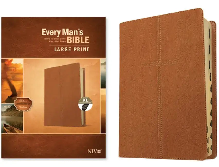 Every Man's Bible Niv, Large Print (Leatherlike, Cross Saddle Tan, Indexed) by Tyndale