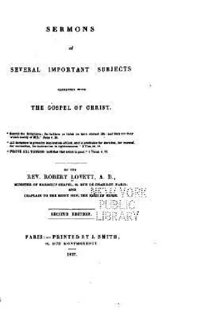 Sermons on Several Important Subjects Connected with the Gospel of Christ by Rev Robert Lovett