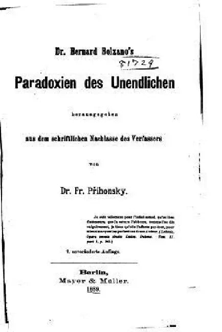 Dr. Bernard Bolzano's Paradoxien Des Unendlichen by Bolzano, Bernard