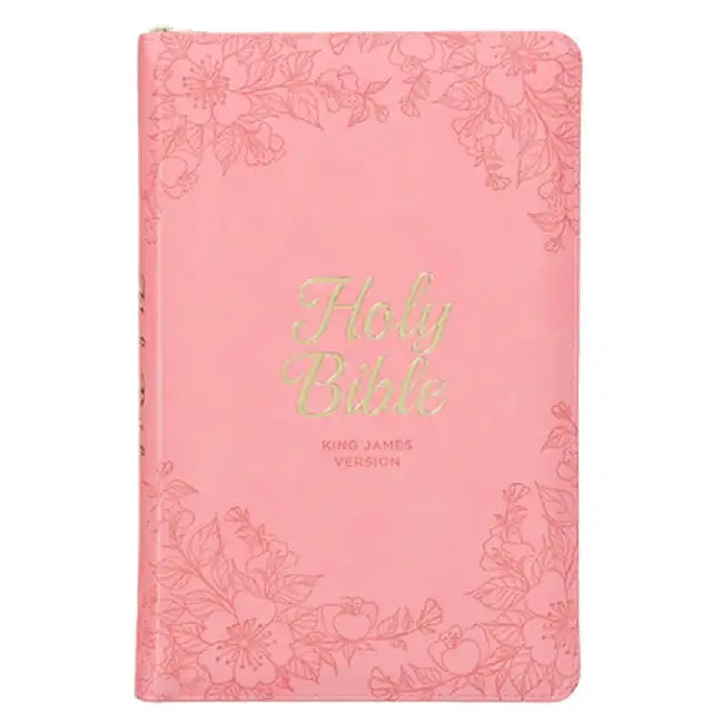 KJV Holy Bible, Standard Size Faux Leather Red Letter Edition - Thumb Index & Ribbon Marker, King James Version, Pink Floral Zipper Closure by Christian Art Gifts