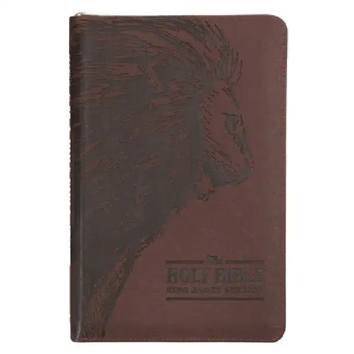 KJV Holy Bible, Standard Size Faux Leather Red Letter Edition - Thumb Index & Ribbon Marker, King James Version, Brown Lion Zipper Closure by Christian Art Gifts