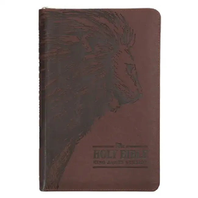 KJV Holy Bible, Standard Size Faux Leather Red Letter Edition - Thumb Index & Ribbon Marker, King James Version, Brown Lion Zipper Closure by Christian Art Gifts