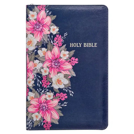 KJV Deluxe Gift Bible Printed Blue Floral with Zipper Faux Leather