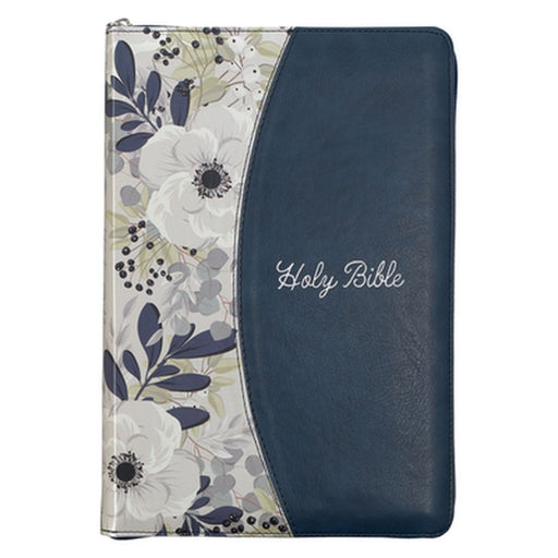 KJV Large Print Thinline Bible Two-Tone Blue/Printed Floral with Zipper Faux Leather