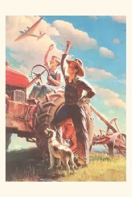 Vintage Journal Farmer and Son Waving to Airplane by Found Image Press
