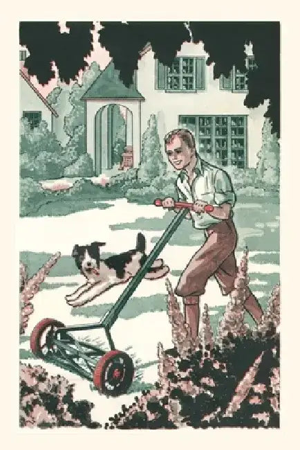 Vintage Journal Industrious Boy Mowing Lawn by Found Image Press