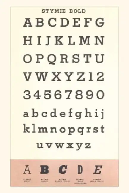 Vintage Journal Font Sample Chart, Stymie Bold by Found Image Press