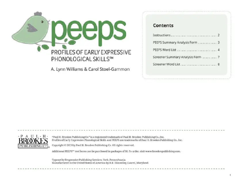 Profiles of Early Expressive Phonological Skills (Peeps) Forms by A. Lynn Williams, Carol Stoel-Gammon