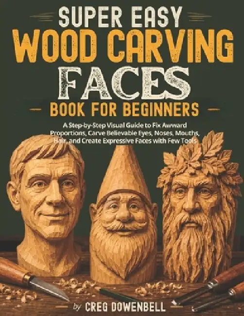 Super Easy Wood Carving Faces Book for Beginners: A Step-by-Step Visual Guide to Fix Awkward Proportions, Carve Believable Eyes, Noses, Mouths, Hair, by Creg Dowenbell