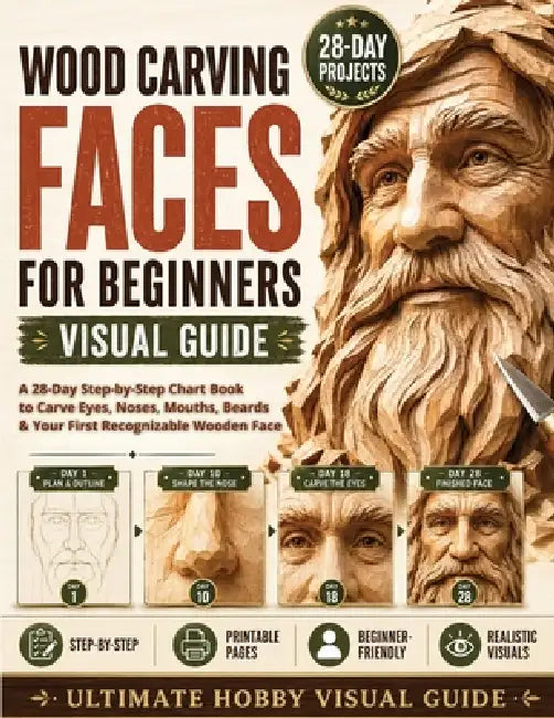 Wood Carving Faces for Beginners Visual Guide: A 28-Day Step-by-Step Chart Book to Carve Eyes, Noses, Mouths, Beards & Your First Recognizable Wooden by Ultimate Hobby Visual, Jr. Calen Creg