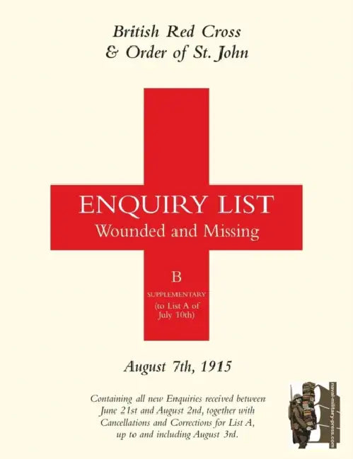 British Red Cross and Order of St John Enquiry List for Wounded and Missing: August 7th 1915 by Anon