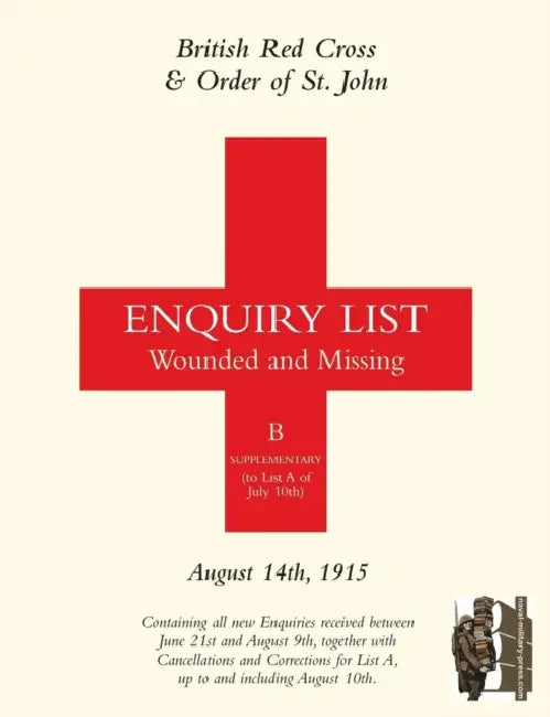 British Red Cross and Order of St John Enquiry List for Wounded and Missing: August 14th 1915 by Anon