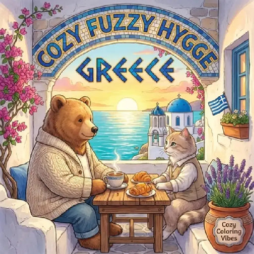 Cozy Fuzzy Hygge Greece: Fun Easy Bold Line Designs Travel Coloring Book for Adults Santorini Sunsets, Villages, Island Cafés & Cute Animals Meditatio by Cozy Coloring Vibes