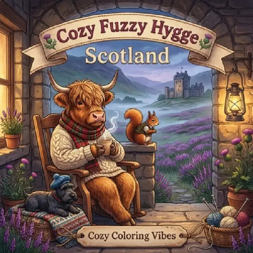 Cozy Fuzzy Hygge Scotland: Easy Bold Line Design Adorable Animal Coloring Book for Adults Rustic Highland Travel Retreats, Countryside, Misty Mountain by Cozy Coloring Vibes