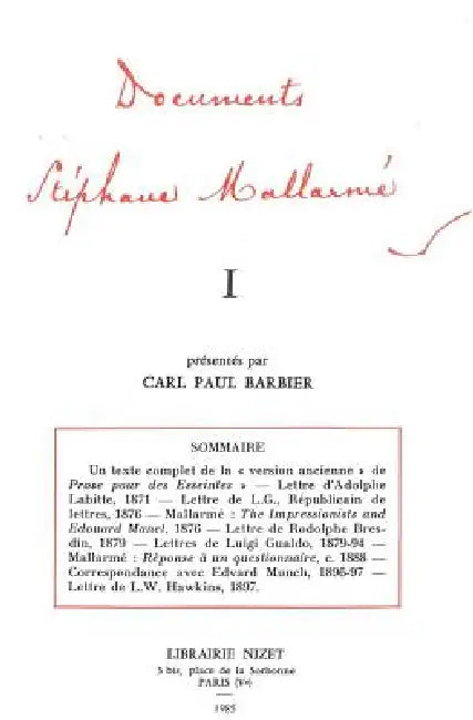 Documents Stephane Mallarme I by Stephane Mallarme, Carl Paul Barbier, Carl Paul Barbier