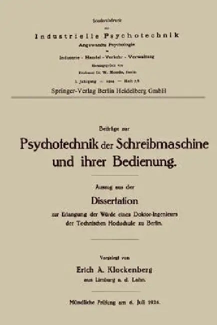 Beiträge Zur Psychotechnik Der Schreibmaschine Und Ihrer Bedienung by Erich Alexander Klockenberg