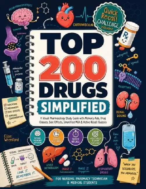 Top 200 Drugs Simplified: A Visual Pharmacology Study Guide with Memory Aids, Drug Classes, Side Effects, Simplified MOA & Active Recall Quizzes by Elise Wrenford