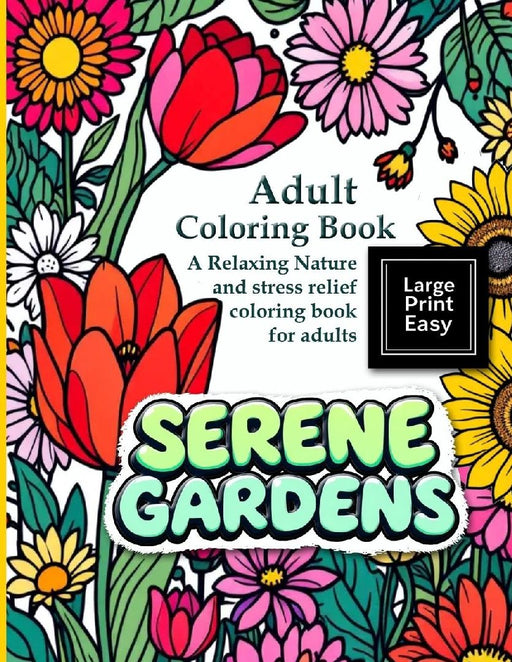 Serene Gardens: Adult Coloring Book Large Print Easy: A Relaxing Nature and stress relief coloring book for adults: A bold and easy coloring book for by Hazel Thorne