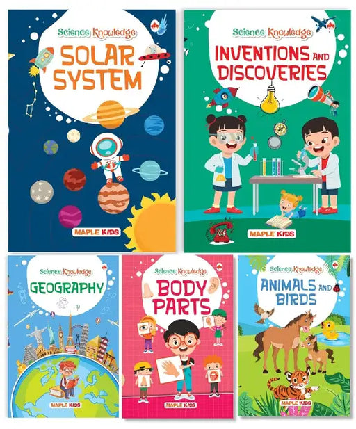 Science Books For Kids - Knowledge Books (Set Of 5 Books) (Illustrated) - Geography - Solar System - Animals And Birds - Body Parts - Inventions And Discoveries - Nature - Planets - Age 7+ by Maple Press In House