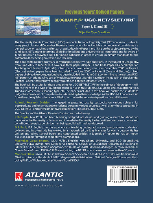 Geography For Ugc-Net/Slet/Jrf Paper I, Ii, And Iii: Previous Years' Solved Papers