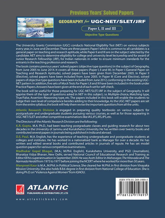Geography For Ugc-Net/Slet/Jrf Paper I, Ii, And Iii: Previous Years' Solved Papers by Atlantic Research Division