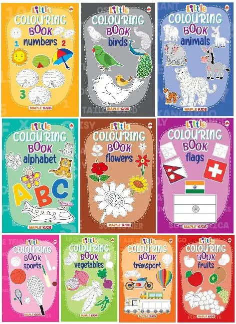 Little Colouring - 1 (Set Of10 Books) - Vegetables, Transport, Flowers, Fruits, Birds, Alphabets, Animals, Numbers, Sports, Flags by Maple Press In House