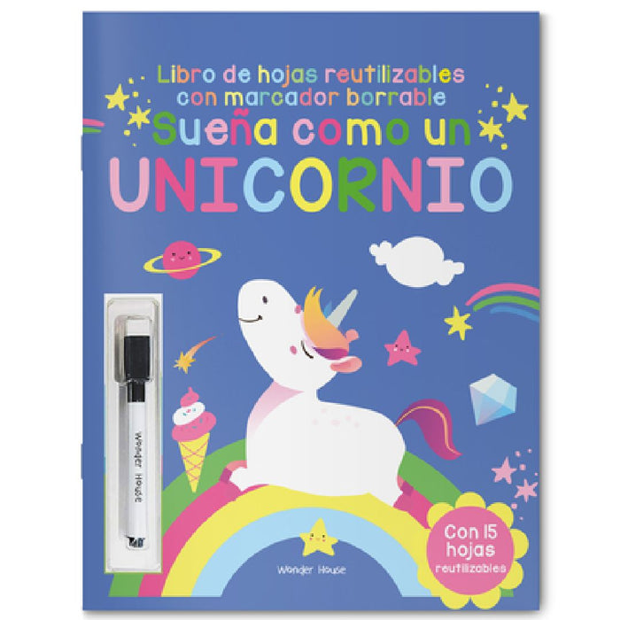 Reusable Wipe and Clean Dream Like a Unicorn Activity Book - Spanish by Wonder House Books