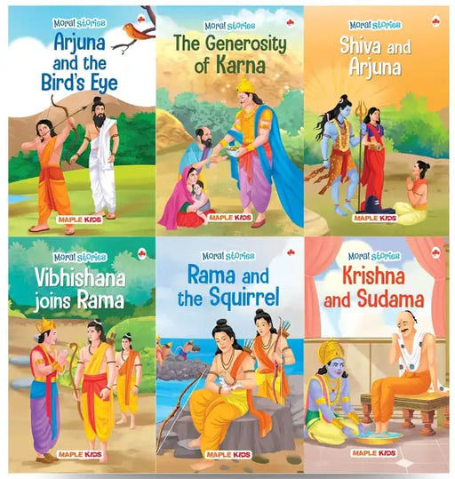 Moral Story Books For Kids (Set Of 6 Books) (Illustrated) - The Generosity Of Rama, Vibhishana Joins Rama, Shiva And Arjuna, Krishna And Sudama, Rama And The Squirrel, Arjuna And The Bird's Eye-Age 3+ by Maple Press In House