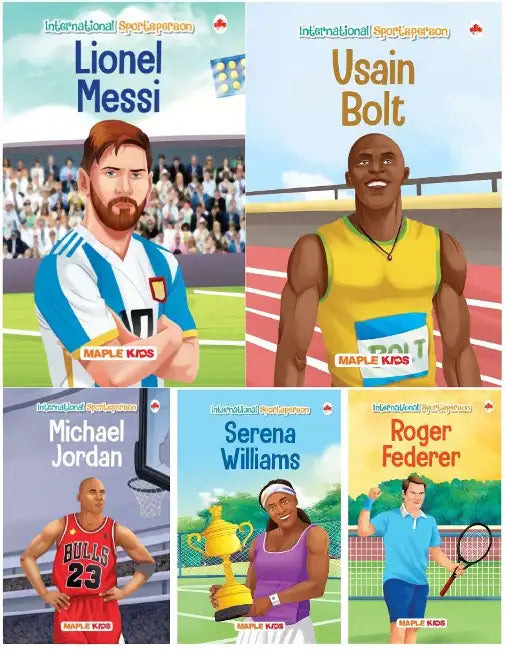 Story Books For Kids - International Sports Persons (Set Of 5 Books) (Illustrated) - Messi, Roger Federer, Serena Williams, Michael Jordan, Usain Bolt - Biographies For Children - Age 6+ by Maple Press In House