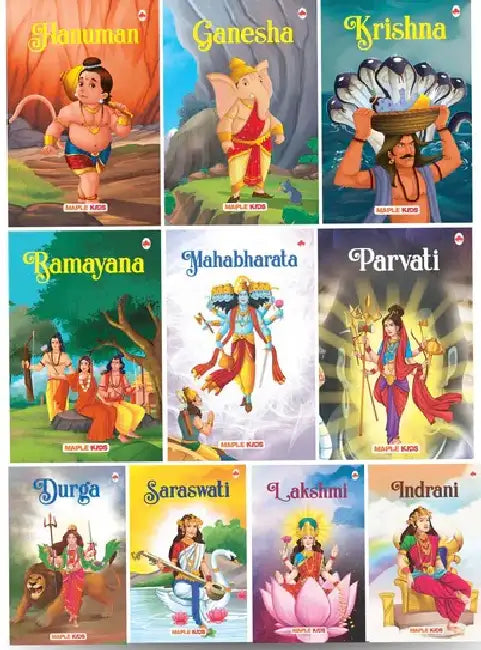 Mythology Books For Kids - Gods And Goddesses (Set Of 10 Books) - Mahabharata, Krishna, Hanuman, Ganesha, Ramayana, Parvati, Lakshmi, Saraswati, Indrani, Durga by Maple Press In House