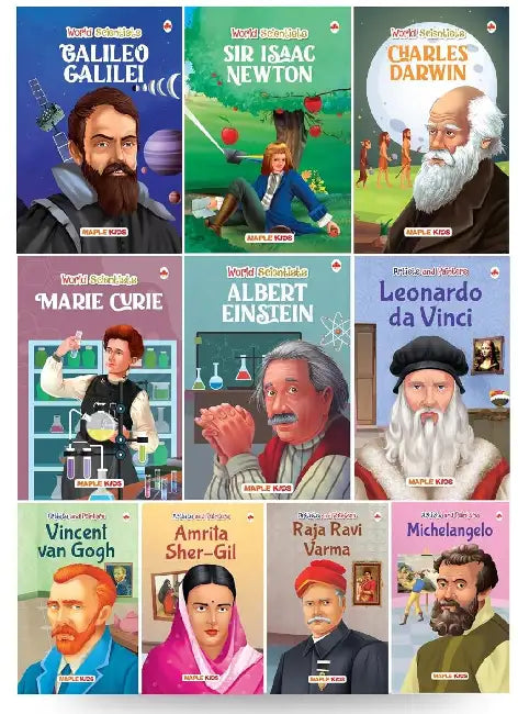 Story Books For Kids - Scientists And Artists (Set Of 10 Books) (Illustrated) - Einstein, Darwin, Marie Curie, Newton, Galileo, Ravi Varma, Da Vinci, Michelangelo Etc...Biographies For Kids - Age 6+ by Maple Press In House