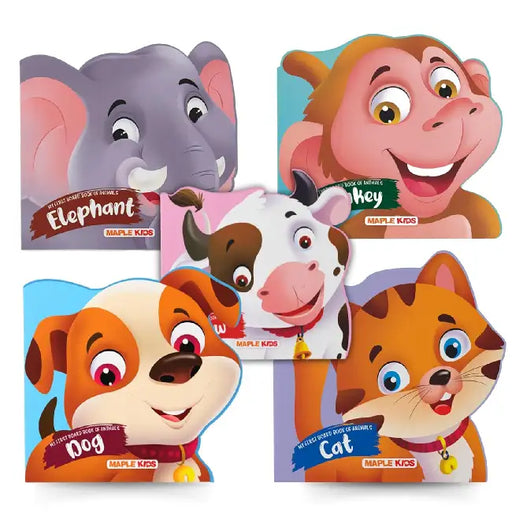 My First Board Book Animals (Set Of 5 Books) - Monkey, Cow, Dog, Elephant, Cat - Die-Cut Board Book For Kids - Shaped Board Books - Age 2+ by Maple Press In House