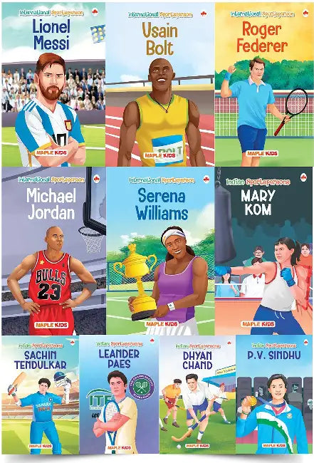 Story Books For Kids - Sportspersons (Set Of 10 Books) (Illustrated) - Messi, Roger Federer, Serena Williams, Michael Jordan, Usain Bolt, Dhyan Chand, Mary Kom, Tendulkar, P. V. Sindhu Etc. - Age 6+ by Maple Press In House
