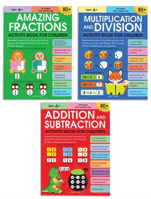 Math Activity Books Bundle 2 - Multiply / Fraction / Addition (Pack of 3 Books) by Wonder House Books