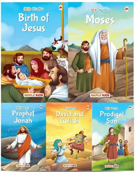Bible Stories -(Set Of 5 Books) David And Goliath, Birth Of Jesus, Prodigal Son, Prophet Jonah, Moses by Maple Press In House