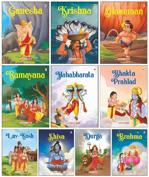 Mythology Tales (Set Of 10 Books) - Mahabharata, Krishna, Hanuman, Ganesha, Ramayana, Brahma, Shiva, Bhakta Prahlad, Luv-Kush, Durga - For Children (Illustrated) by Maple Press In House
