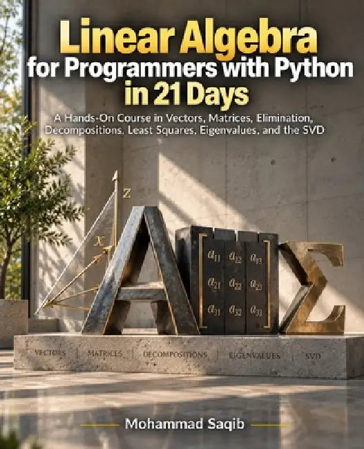 Linear Algebra for Programmers with Python in 21 Days: A Hands-On Course in Vectors, Matrices, Elimination, Decompositions, Least Squares, Eigenvalues by Mohammad Saqib