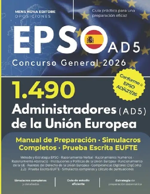 EPSO AD5 2026 - Guía Completa de Preparación Concurso EPSO/AD/427/26: 1.490 Administradores de la UE, Reasoning Tests, EU Knowledge, Digital Skills, E by Mens Nova Editore