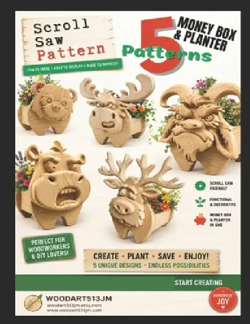5 Scroll Saw Money Box & Planter Patterns: Animal Woodworking Designs by Woodart513 Jm