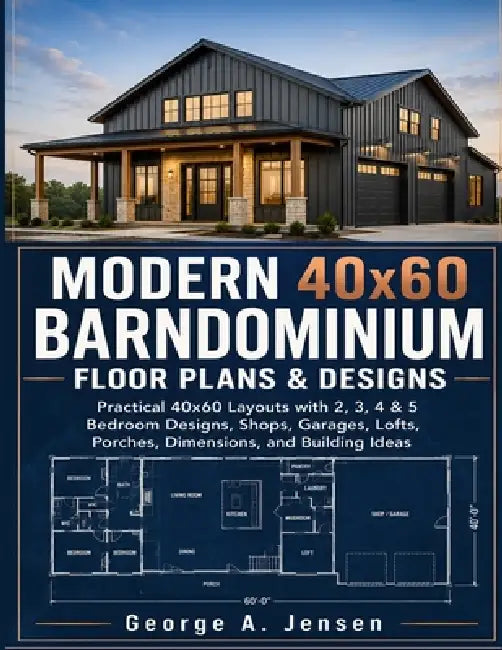 Modern 40x60 Barndominium Floor Plans & Designs: Practical 40x60 Layouts with 2, 3, 4 & 5 Bedroom Designs, Shops, Garages, Lofts, Porches, Dimensions, by George A. Jensen