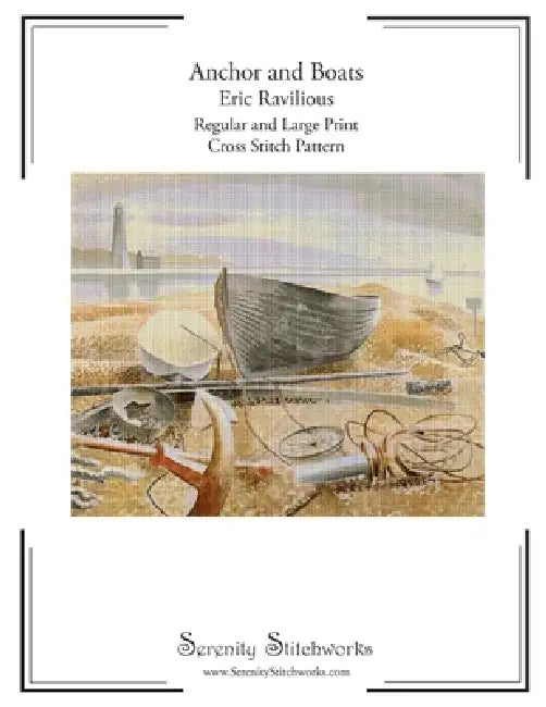 Anchor and Boats Cross Stitch Pattern - Eric Ravilious: Regular and Large Print Cross Stitch Pattern by Carmen Wolf, Serenity Stitchworks