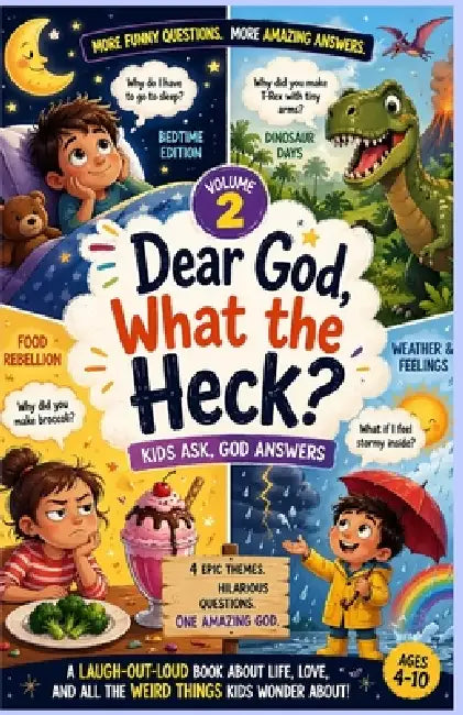 Dear God, What the Heck? Volume 2: Kids Ask, God Answers: Funny & Heartwarming Kids Book About Bedtime, Dinosaurs, Food, Feelings & Big Life Questions by Pixelart Studio Press
