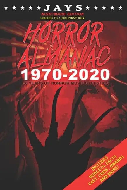 Jays Horror Almanac 1970-2020 [NIGHTMARE EDITION LIMITED TO 1,000 PRINT RUN] 50 Years of Horror Movie Statistics Book (Includes Budgets, Facts, Cast, by Jay Wheeler