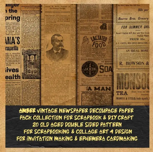 amber vintage newspaper decoupage paper pack collection for scrapbook & DIY craft 20 old aged double sided pattern for scrapbooking & collage art 4 design for invitation making & ephemera cardmaking: decorative printed designer for ephemera crafting by Karen Rose